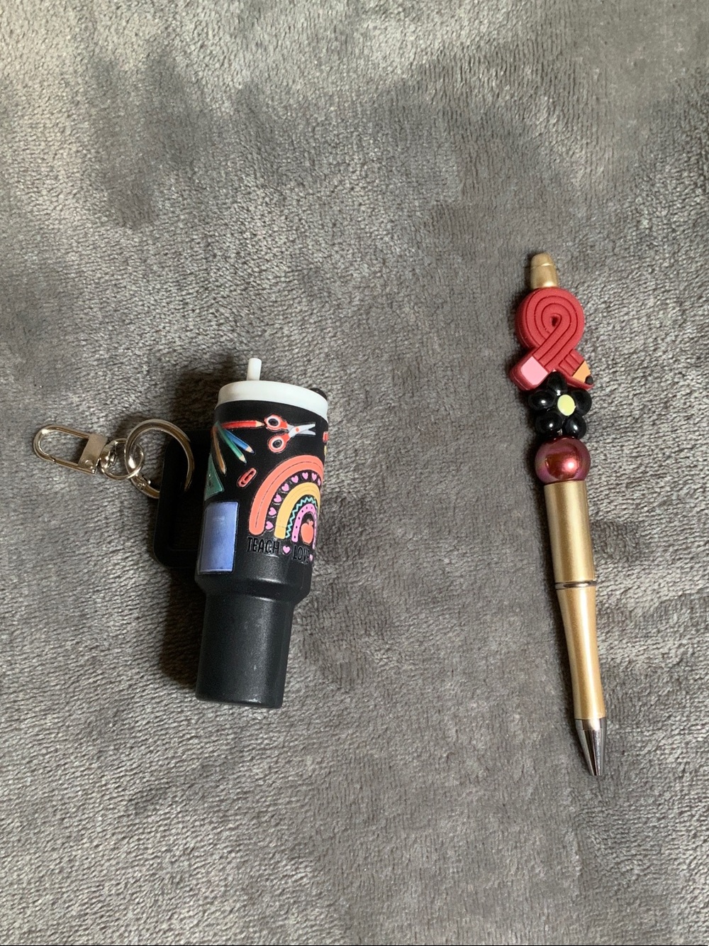 Colorful Teacher Drink Keychain and Gold Decorative Pen